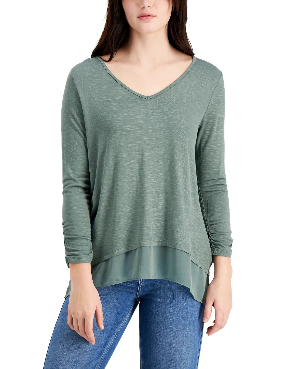 Style & Co Women's V-Neck Chiffon-Hem Top Med Green Size Medium