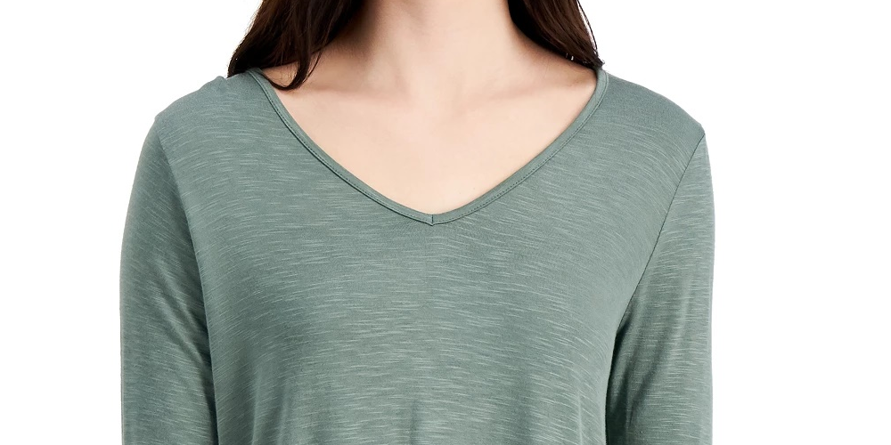 Style & Co Women's V-Neck Chiffon-Hem Top Med Green Size Medium