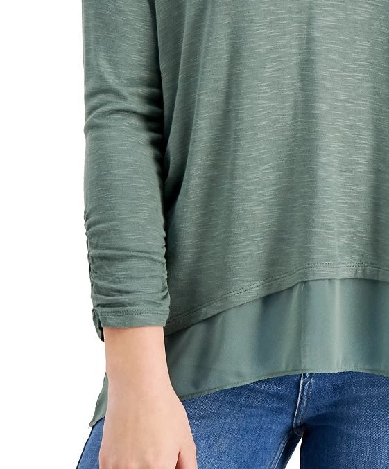 Style & Co Women's V-Neck Chiffon-Hem Top Med Green Size Medium