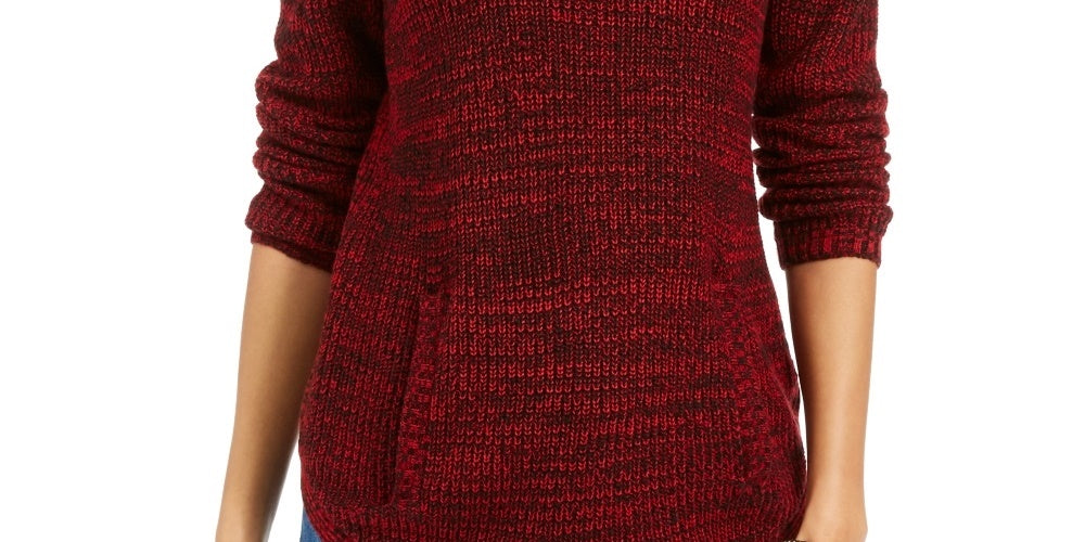 Style & Co Women's Envelope Neck Kangaroo Pocket Knit Sweater Red Size X-Large