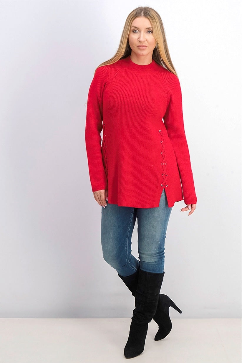 Style & Co Women's Mock Neck Lace-Up Ribbed Knit Sweater Red Size Small