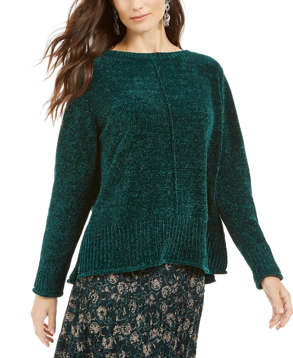 Style & Co Women's Textured Ribbed 3/4 Sleeve Crew Neck Sweater Green Size Petite Petite
