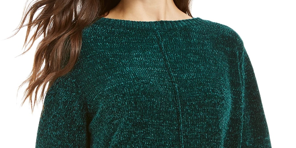 Style & Co Women's Textured Ribbed 3/4 Sleeve Crew Neck Sweater Green Size Petite Petite