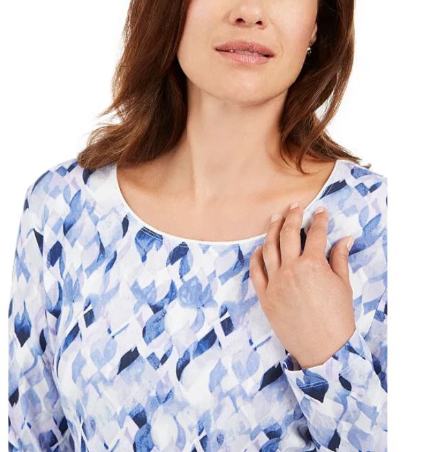 Karen Scott Women's Printed Scoop Neck Top Blue Size Small