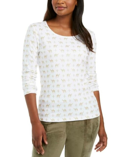 Karen Scott Women's Shimmer Camel-Print Top White Size Medium