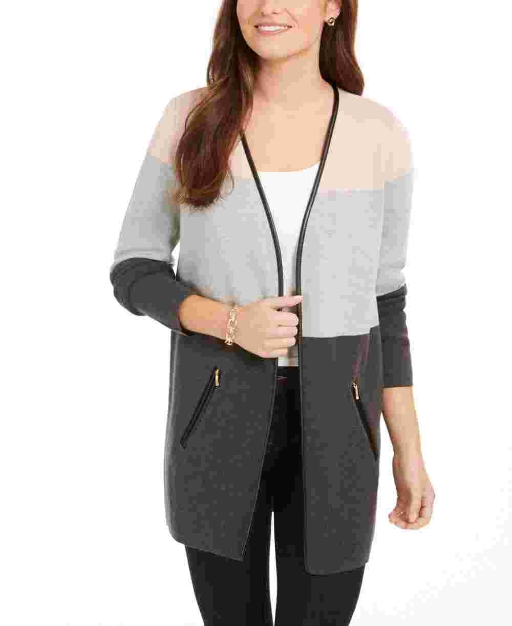 Charter Club Women's Milano Colorblocked Cotton Completer Sweater Gray Size Petite X-Large
