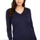 Charter Club Women's Merino Wool Button Cuff V Neck Sweater Blue Size Large