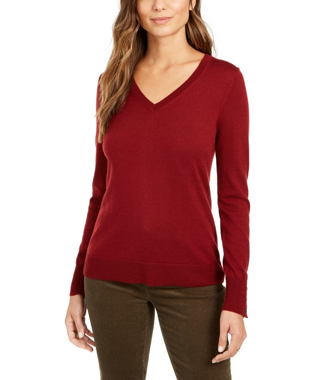 Charter Club Women's Button Cuff V Neck Merino Wool Sweater Wine Size Large
