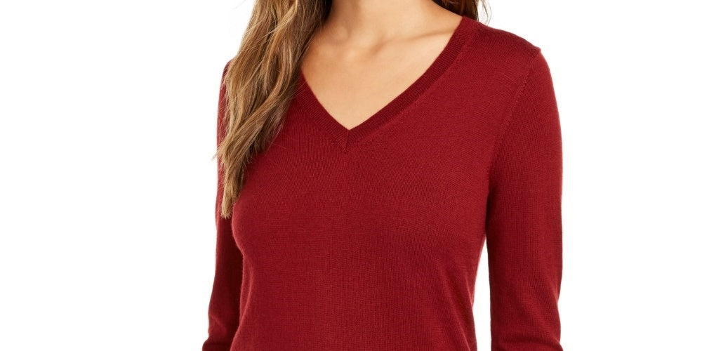 Charter Club Women's Button Cuff V Neck Merino Wool Sweater Wine Size Large