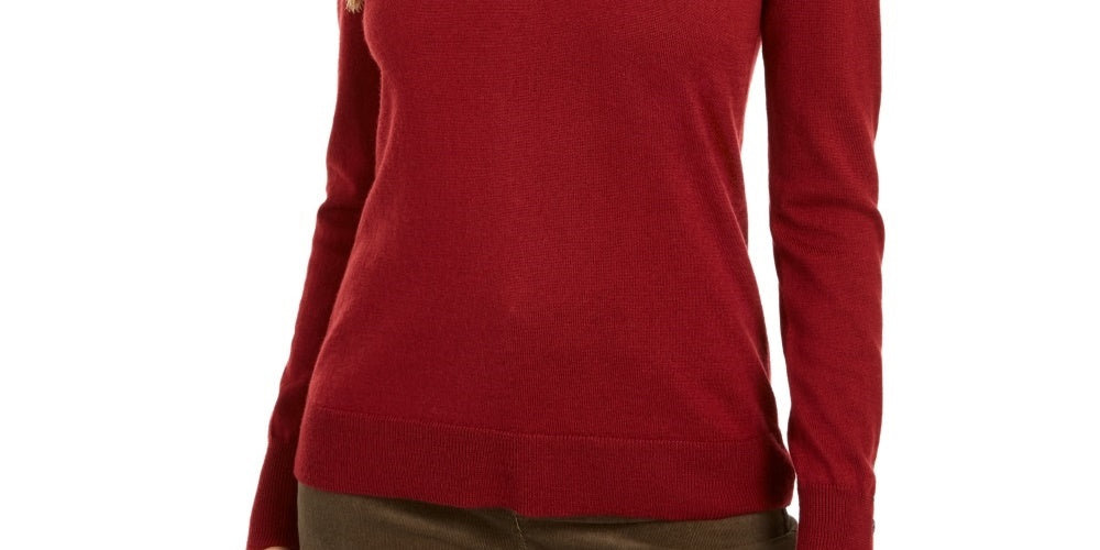 Charter Club Women's Button Cuff V Neck Merino Wool Sweater Wine Size Large