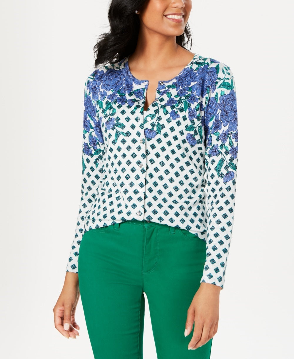 Charter Club Women's Floral Print Sparkle Cardigan Grey Size Large
