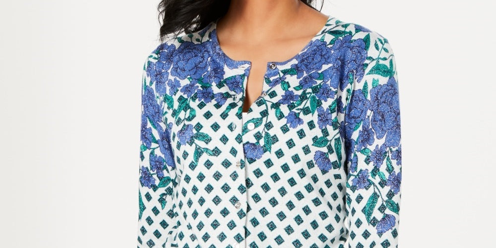 Charter Club Women's Floral Print Sparkle Cardigan Grey Size Large