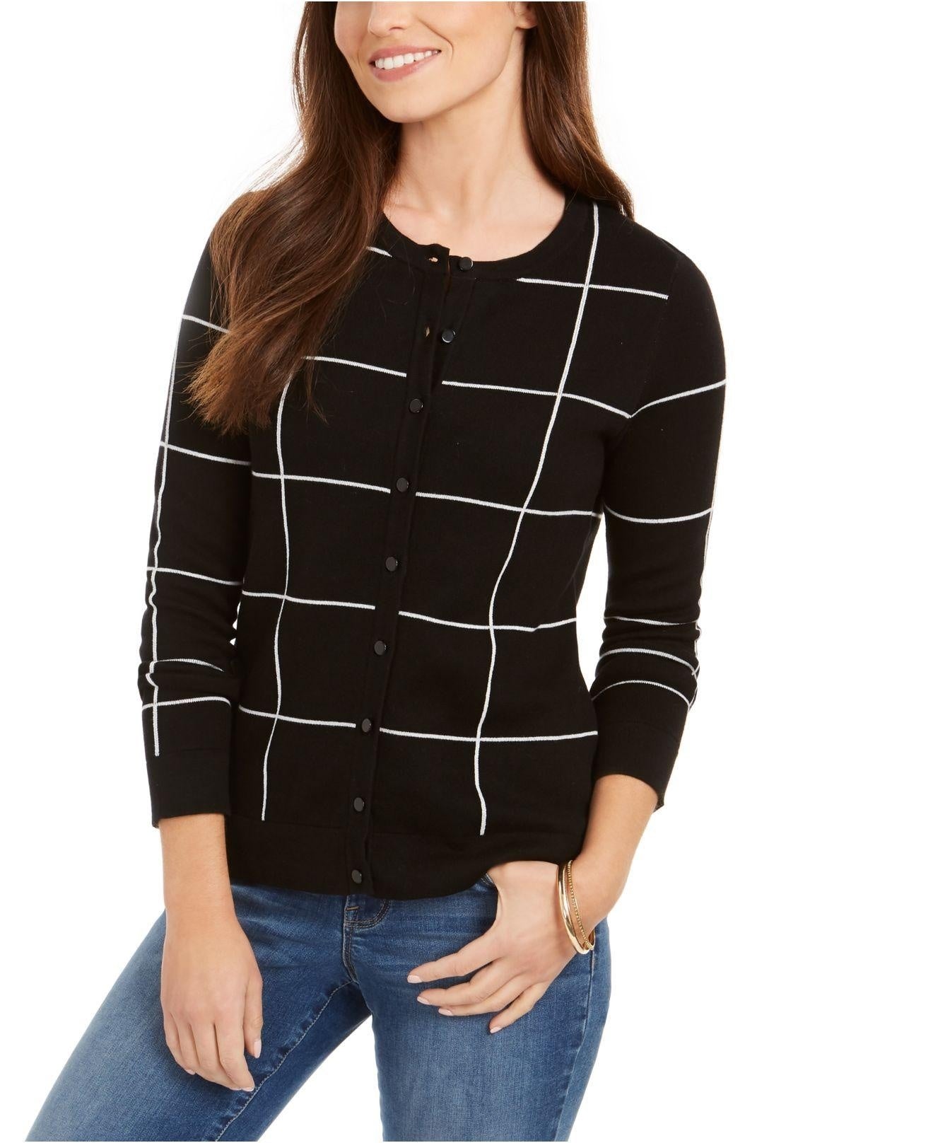 Charter Club Women's Windowpane Button Cardigan Black Size X-Small