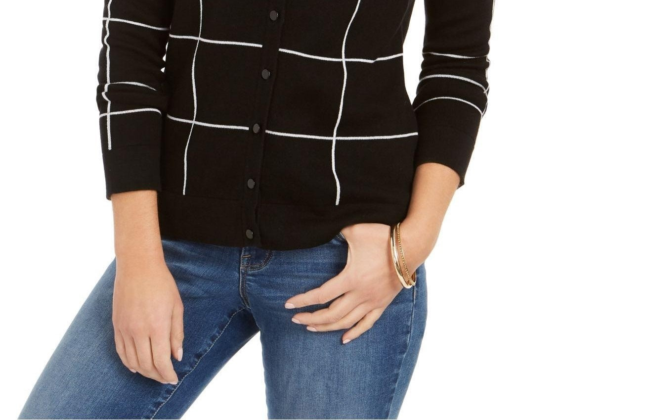 Charter Club Women's Windowpane Button Cardigan Black Size X-Small