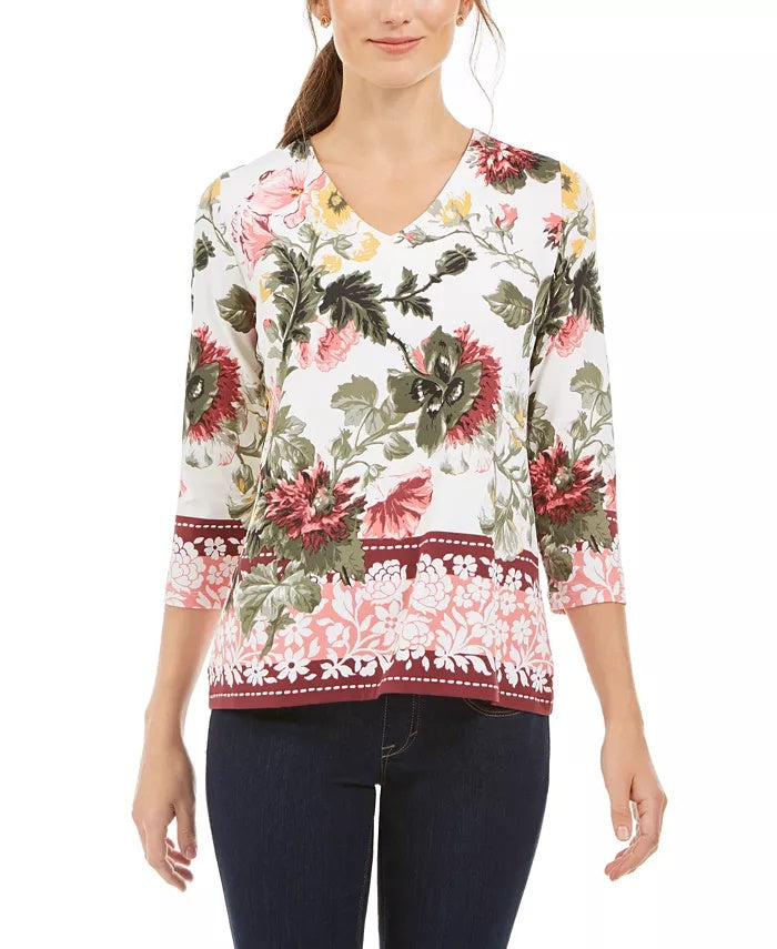 Charter Club Women's Garden Printed V Neck Top White Size XX-Large