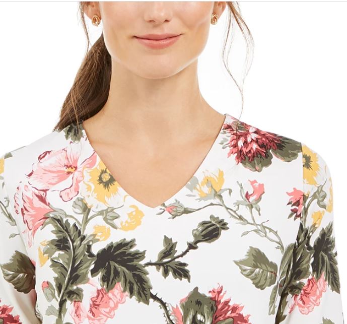 Charter Club Women's Garden Printed V Neck Top White Size XX-Large