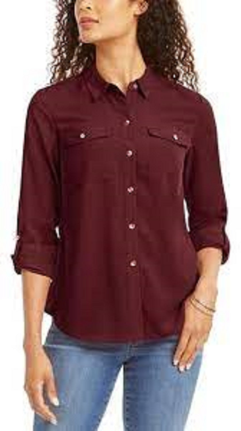 Charter Club Women's Petite Solid Button-Up Shirt Wine Size Medium
