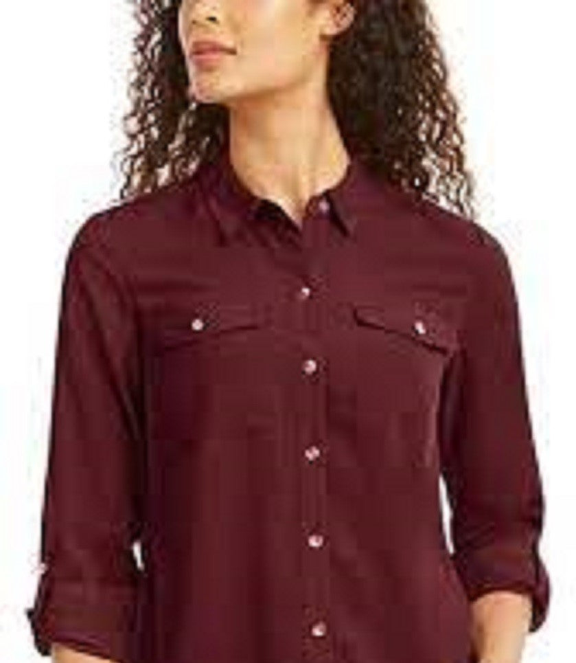 Charter Club Women's Petite Solid Button-Up Shirt Wine Size Medium
