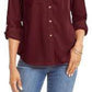 Charter Club Women's Petite Solid Button-Up Shirt Wine Size Medium