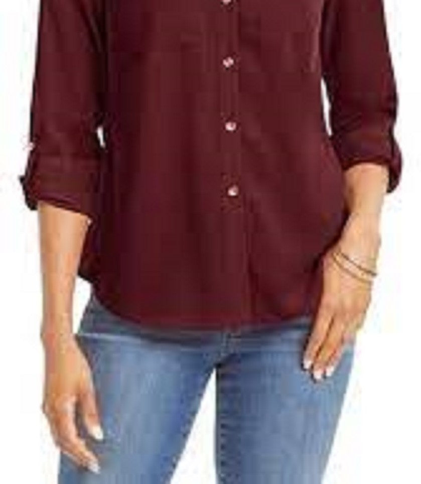 Charter Club Women's Petite Solid Button-Up Shirt Wine Size Medium