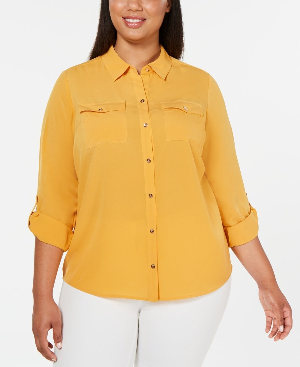 Charter Club Women's Plus Button Front Shirt Gold Size 4X