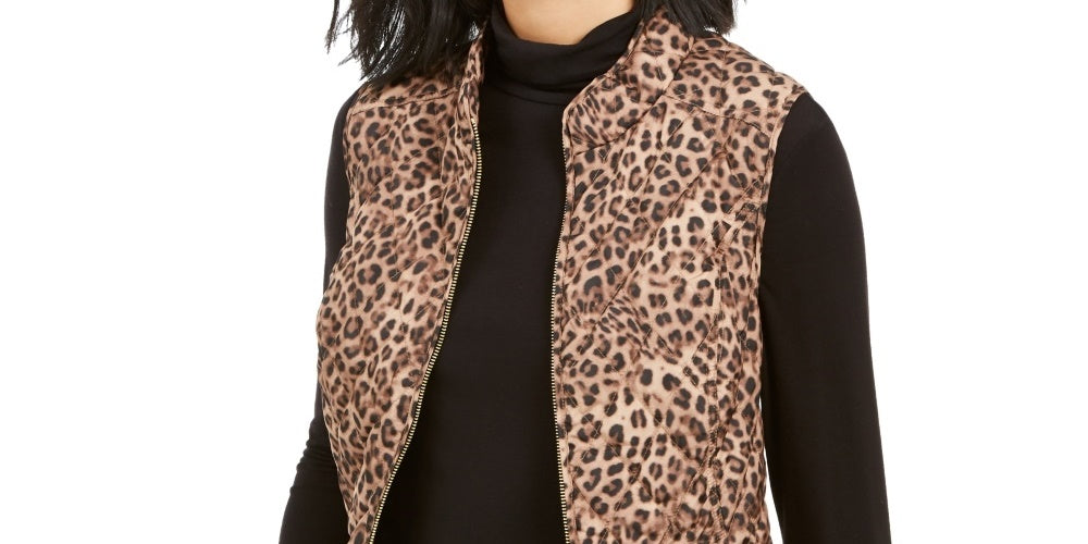 Charter Club Women's Printed Zip Front Vest Beige Size Petite Medium