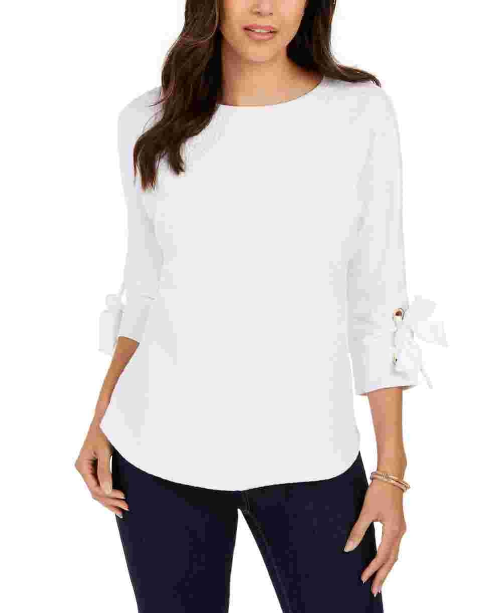 Charter Club Women's Textured Tie-Cuff Top  White Size Large