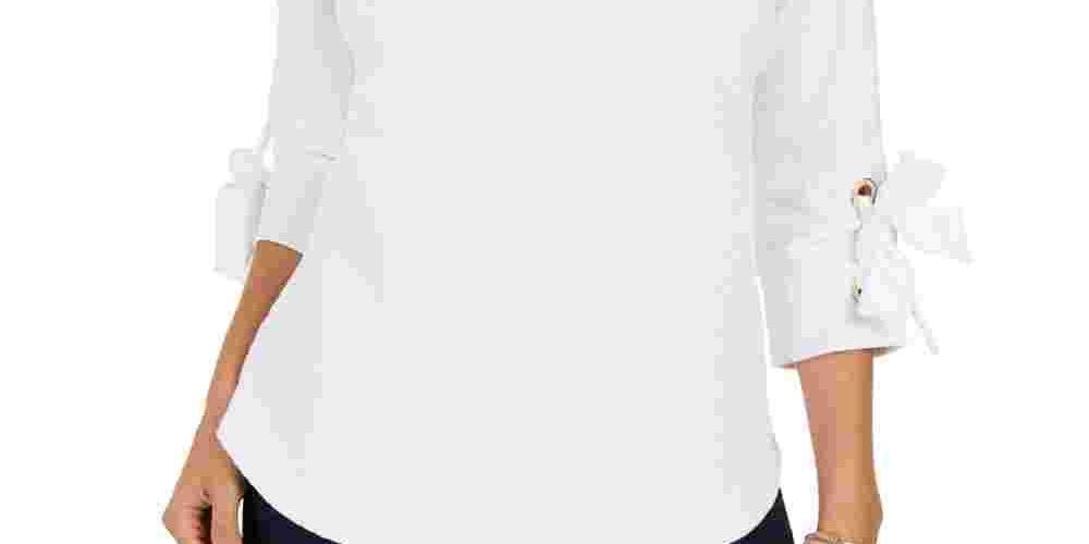 Charter Club Women's Textured Tie-Cuff Top  White Size Large