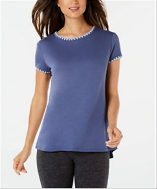 Ideology Women's Blanket Stitch Drop Hem T-Shirt Blue Size Small