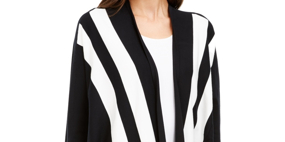 Alfani Women's Striped Open Front Cardigan Black SizePetite Large