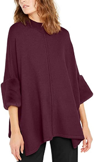 Alfani Women's Faux-Fur-Cuff Poncho Dark Red Size Large