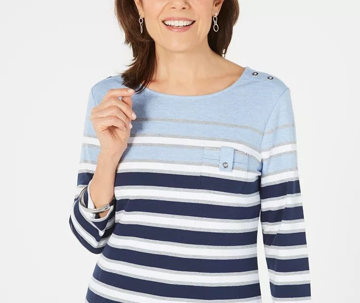 Karen Scott Women's Sport 3/4-Sleeve Striped Top Blue Size Medium