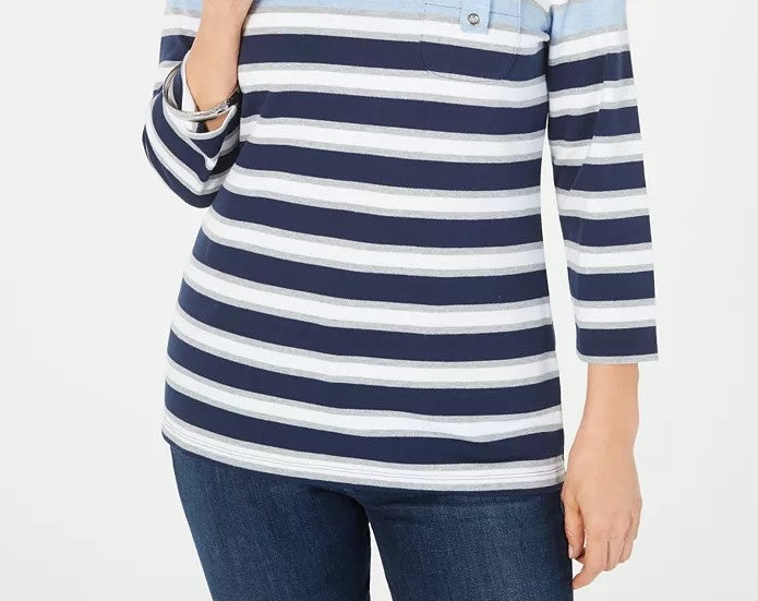 Karen Scott Women's Sport 3/4-Sleeve Striped Top Blue Size Medium