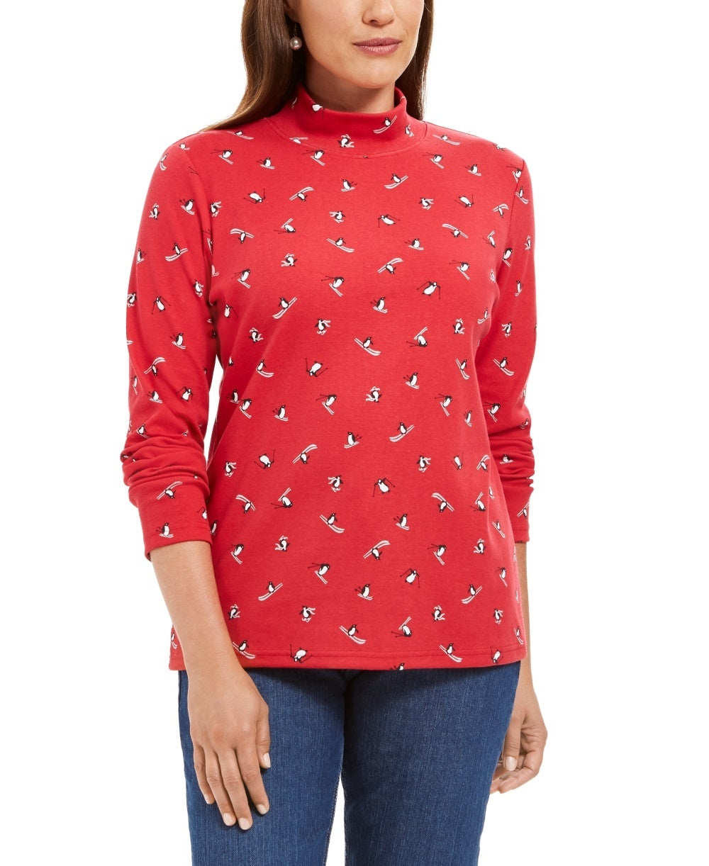 Karen Scott Women's Skiing Penguins Printed Mock Neck Top Red Size X-Small