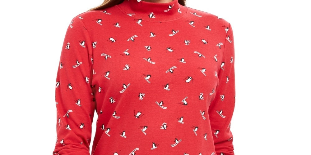 Karen Scott Women's Skiing Penguins Printed Mock Neck Top Red Size X-Small