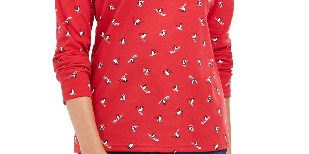 Karen Scott Women's Skiing Penguins Printed Mock Neck Top Red Size X-Small