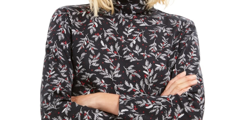 Karen Scott Women's Printed Turtleneck Top Black Size Large