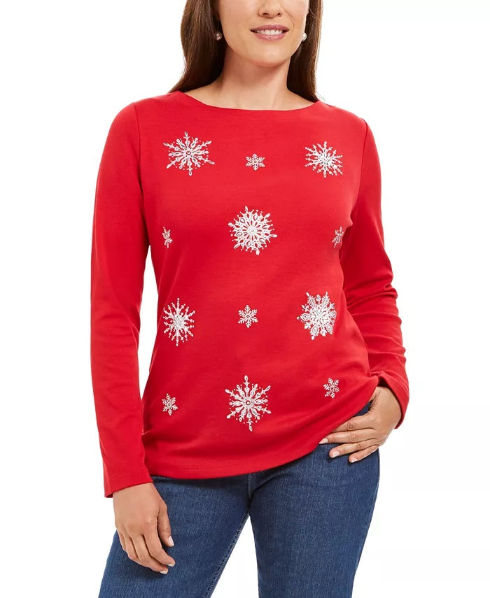Karen Scott Women's Embellished Snowflake Top Bright Red Size Medium