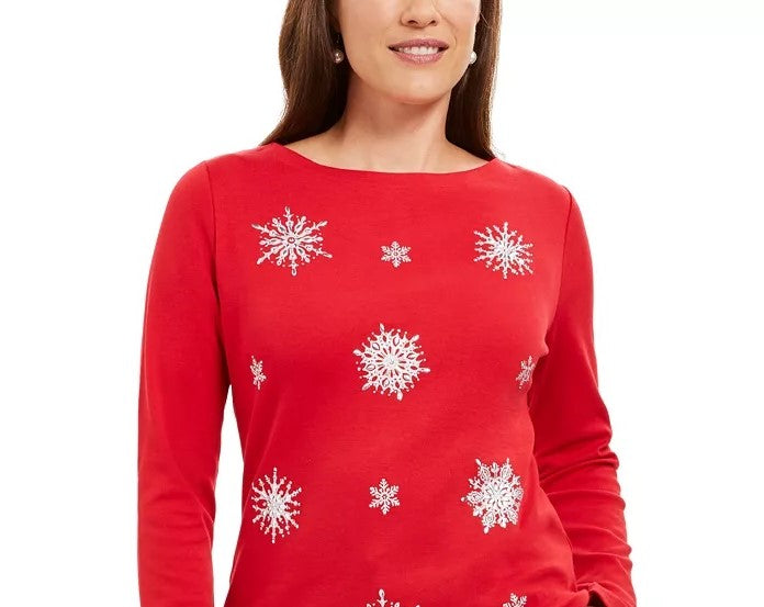 Karen Scott Women's Embellished Snowflake Top Bright Red Size Medium