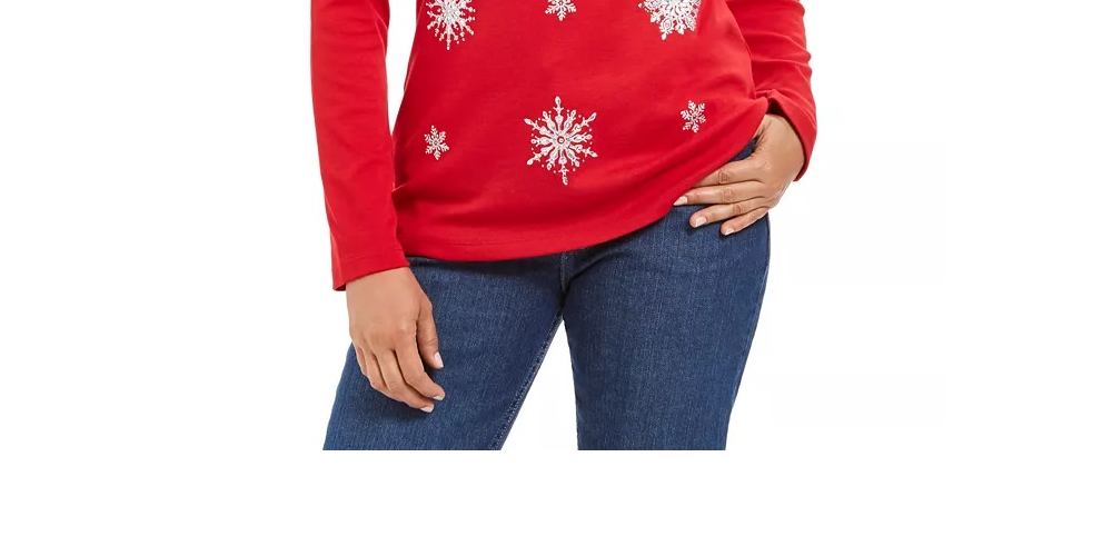 Karen Scott Women's Embellished Snowflake Top Bright Red Size Medium