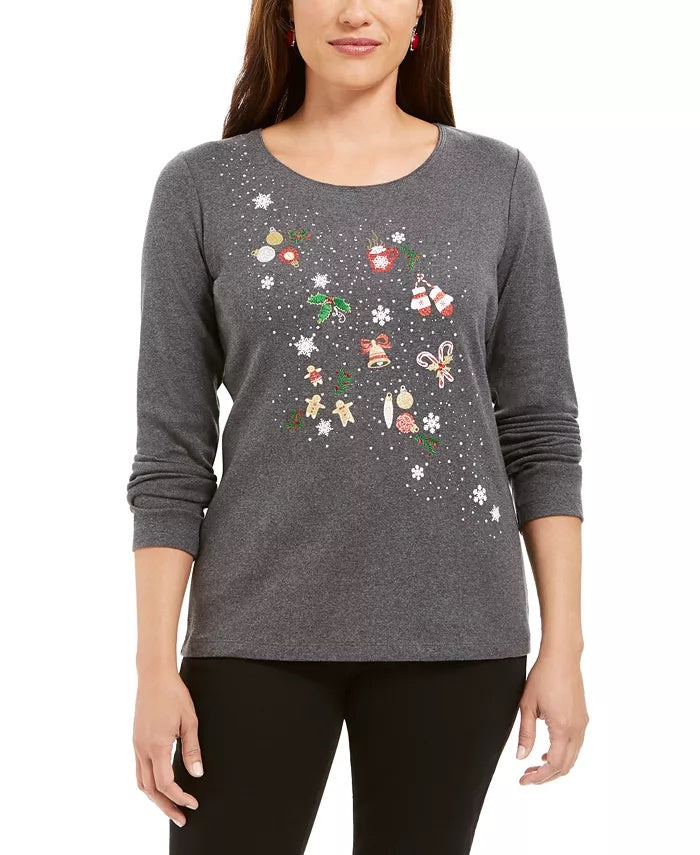 Karen Scott Women's Cotton Glitter Print Top Charcoal Size Medium