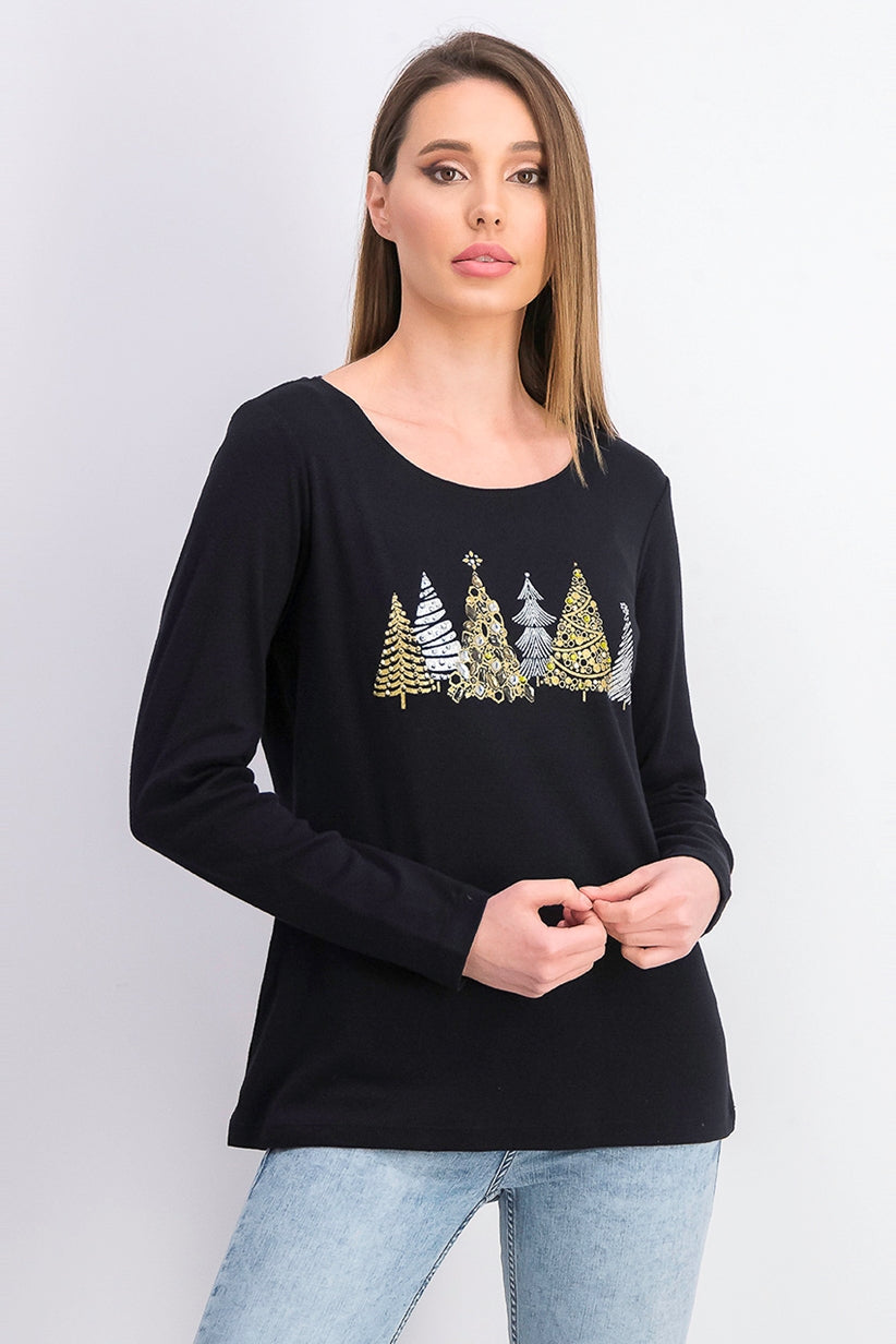 Karen Scott Women's Sparkle Holiday Graphic Shirt Black Size Large