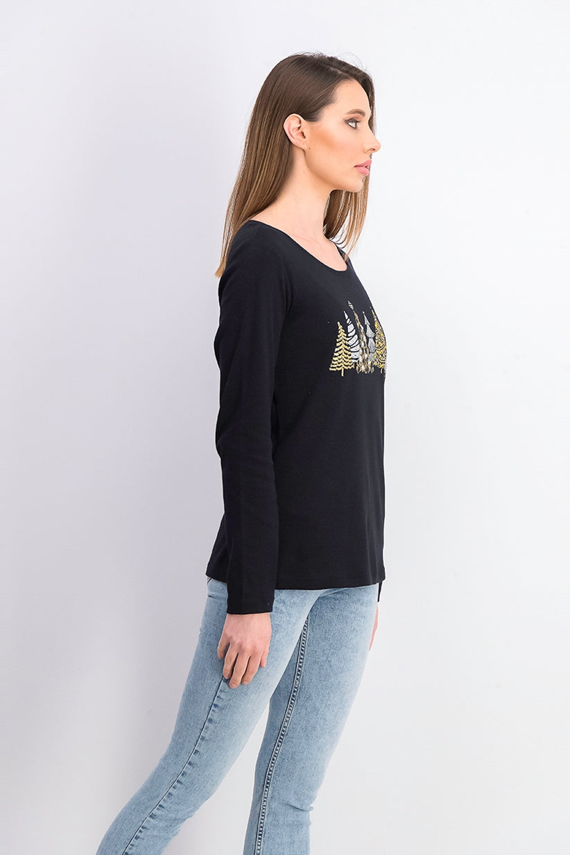 Karen Scott Women's Sparkle Holiday Graphic Shirt Black Size Large