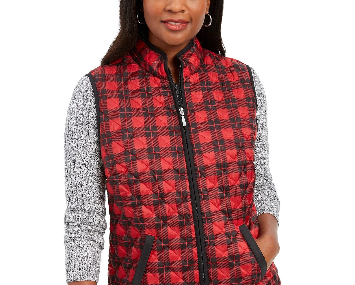 Karen Scott Women's Sport Plaid Puffer Vest  Bright Red Size X-Small