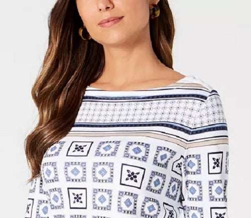 Charter Club Women's 3/4-Sleeve Printed Top White Size Petite Small