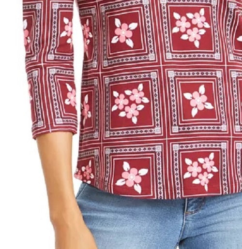 Charter Club Women's Printed 3/4-Sleeve Cotton Top Red Size Petite Small