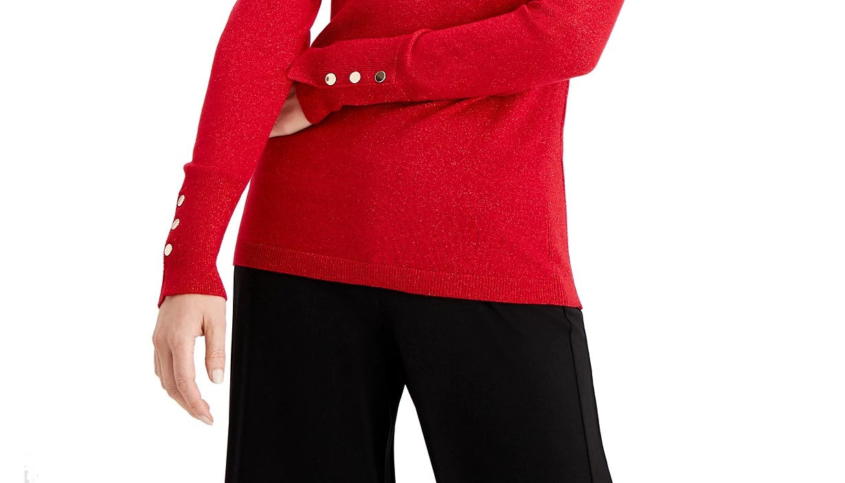 JM Collection Women's Metallic Round Neck Stud Cuff Sweater Red Size Medium
