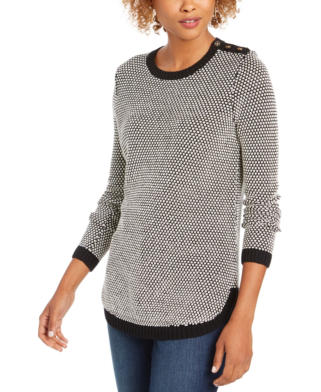 Charter Club Women's Textured Contrast-Trim Sweater Black Size Small