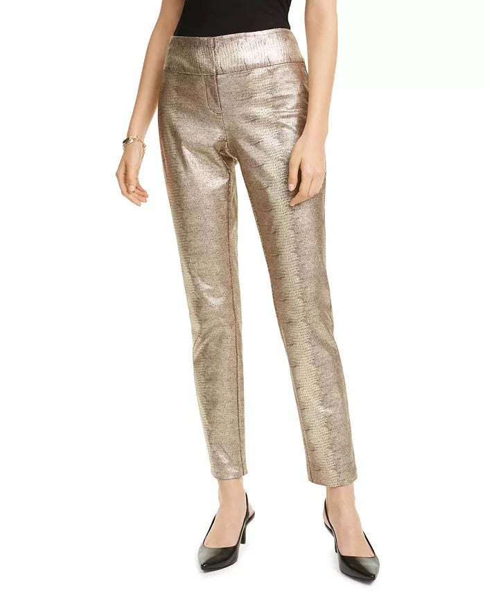 Alfani Women's Tummy-Control Metallic Python-Print Trousers Brown Size 6