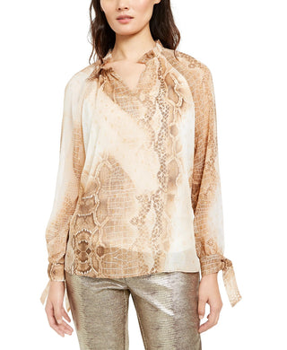 Alfani Women's Snake Embossed Tie Sleeve Top Beigekhaki Size Large